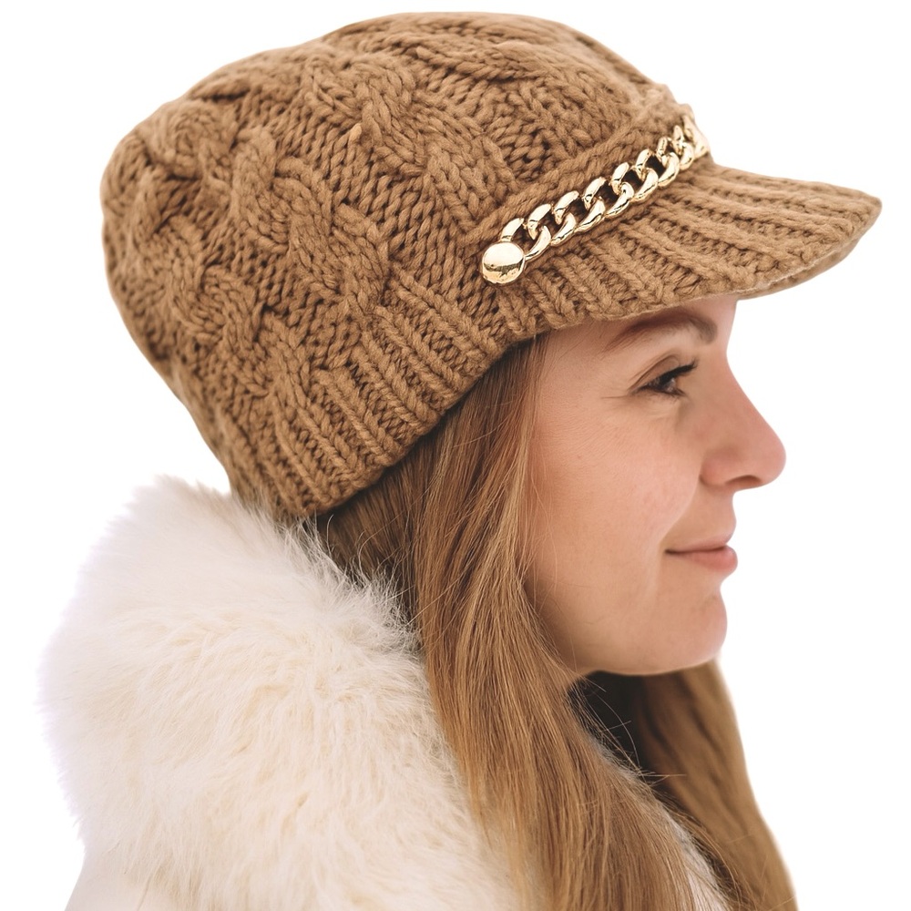 Michael Kors Women's Button Chain Moving Cables Peak Hat Newsboy Dark Camel New!